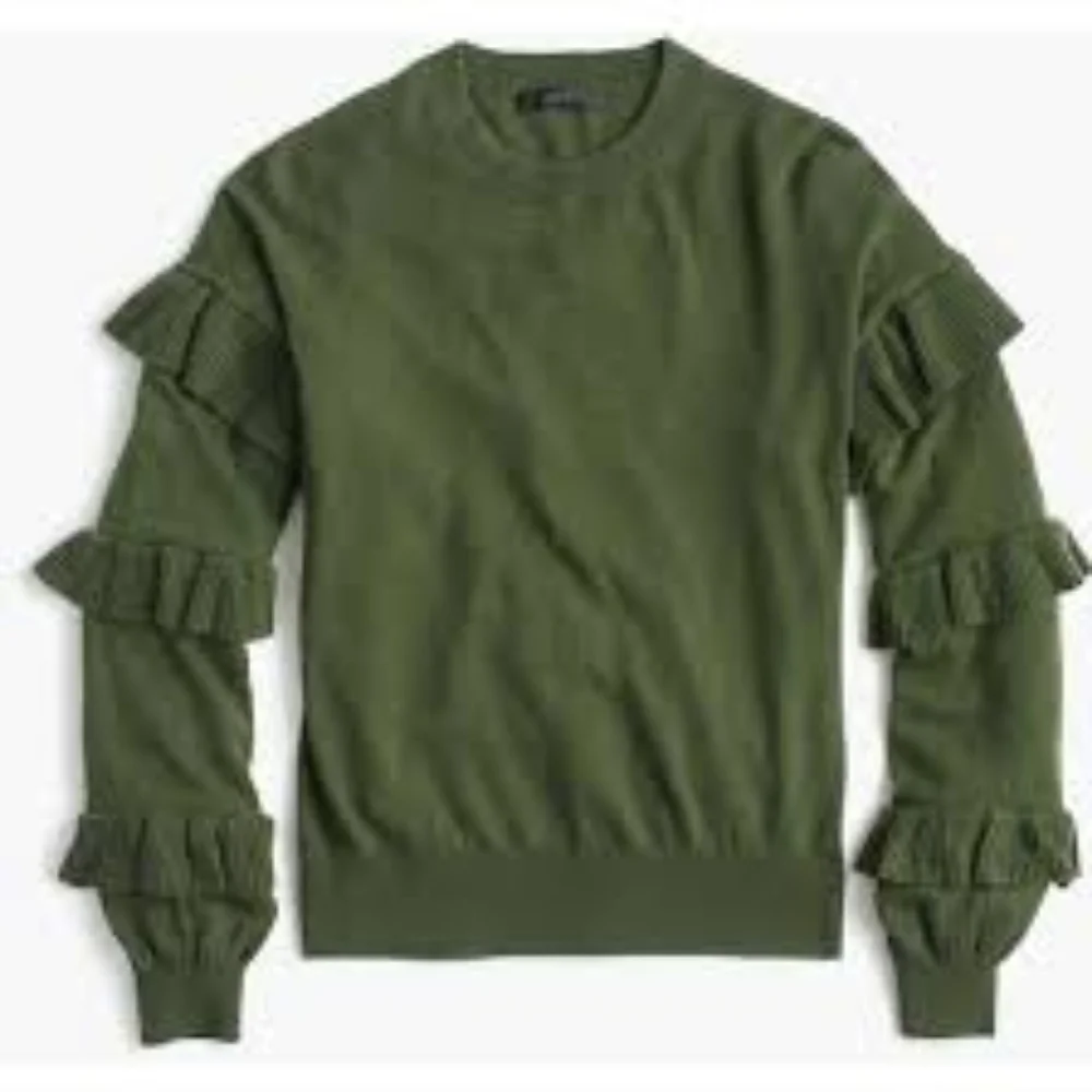 J. Crew Black Label Wool Ruffle Sleeve Green Sweater